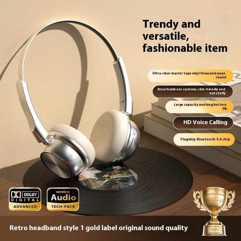 Retro metal Bluetooth headset in Silver Brown with over-ear design and 10-metre range