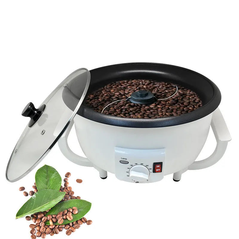 White oblate-shaped home coffee bean roaster with 750g capacity and 225mm pot base.