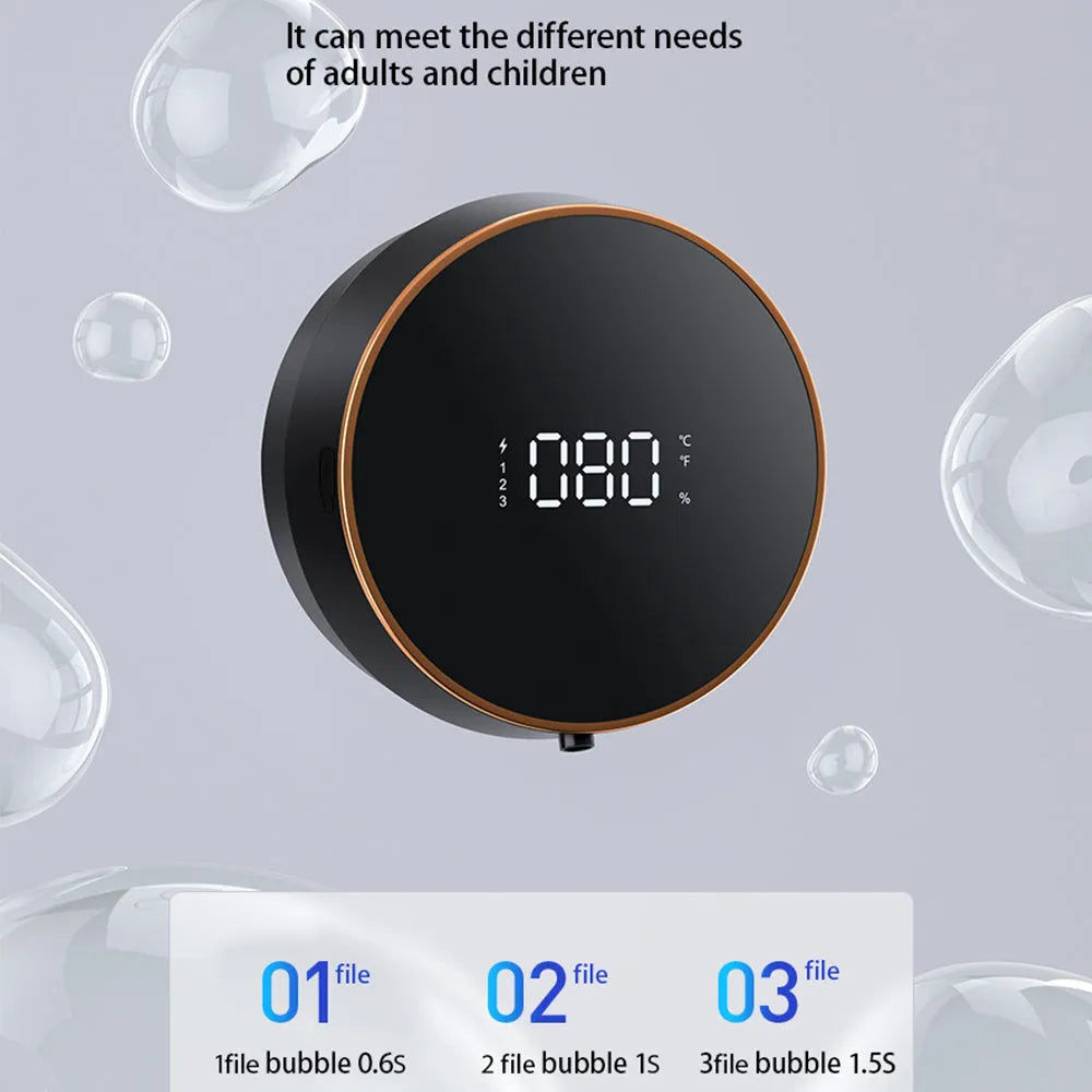 A black wall-mounted automatic foam soap dispenser with a sensor and USB charging port.