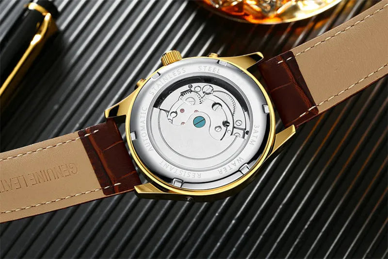 Automatic hollow tourbillon mechanical watch for men round alloy case 42mm dial leather band
