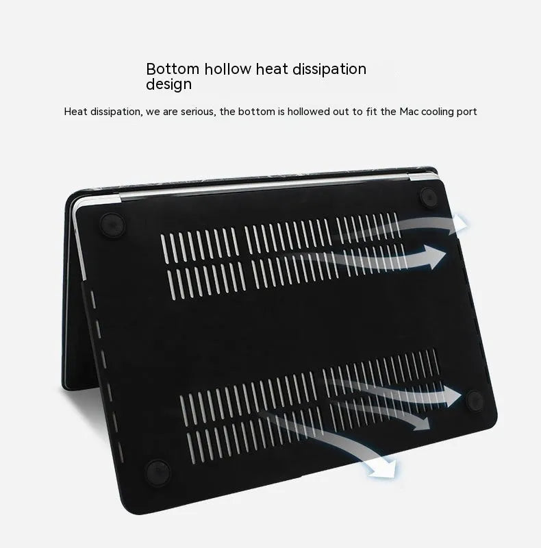 MacBook laptop protective case with leather pattern texture and hollowed-out Apple logo in black colour