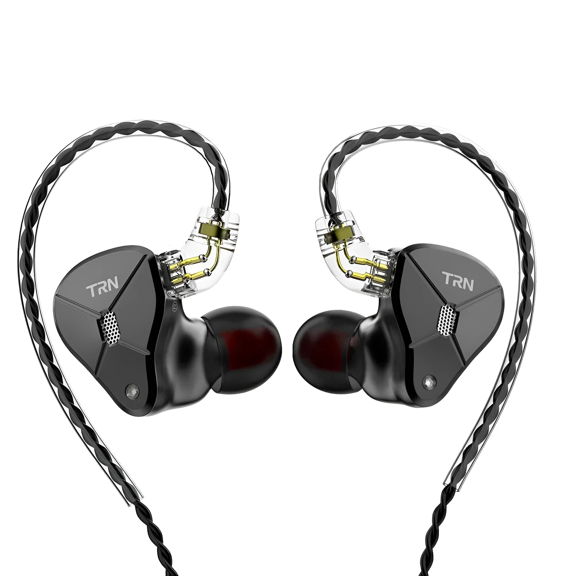 Black in-ear mobile phone headset with 3.5mm straight plug and silicone sleeves