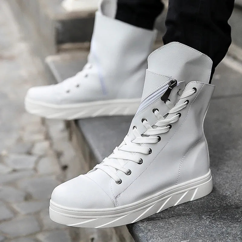 Women's Martin boots with cloth upper, round toe, side zipper, black white colour