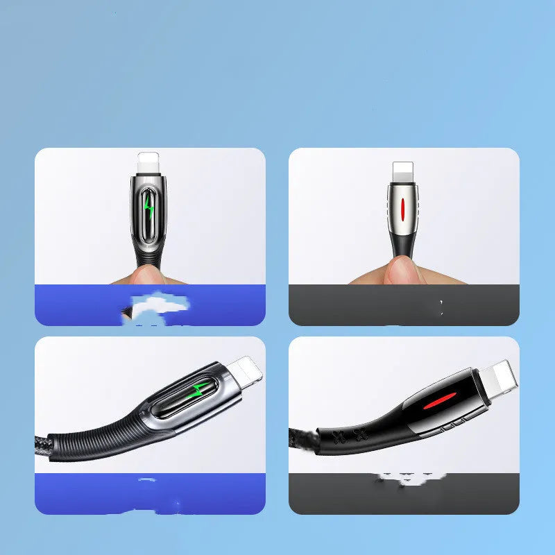 Black braided Lightning cable with zinc alloy connector for iPhone, shown with smart power-off feature.