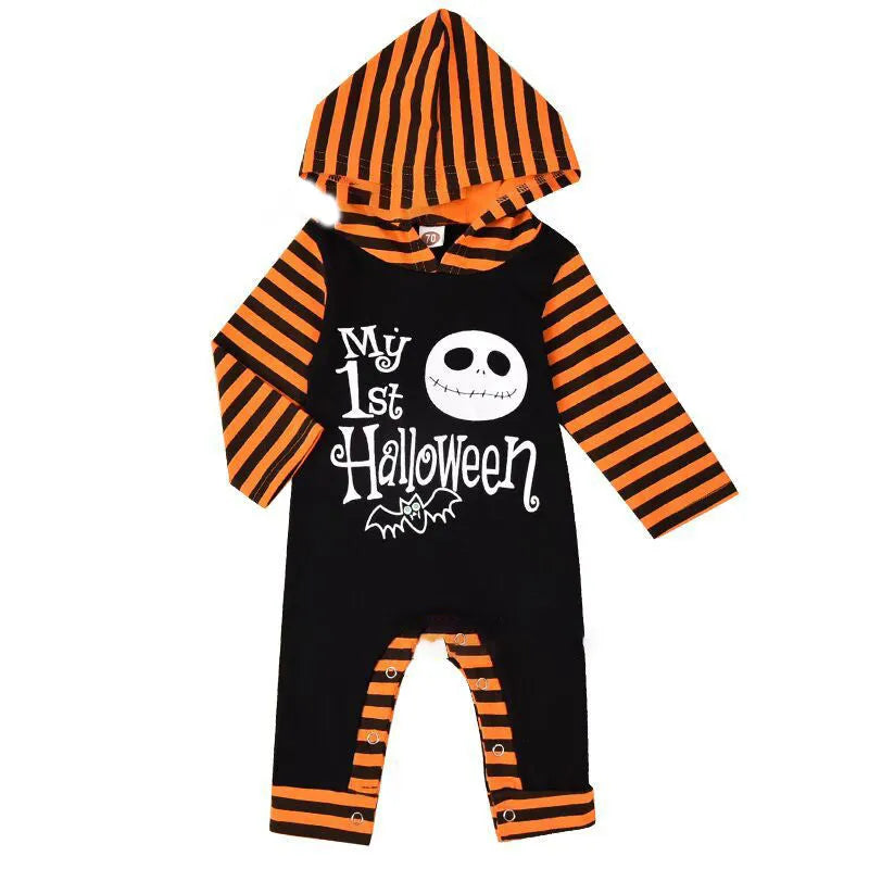 Black hooded Halloween cotton romper with long sleeves shown on a hanger.