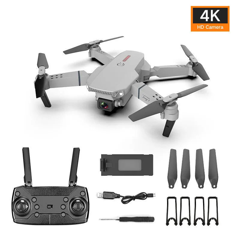 Grey foldable 4K dual camera aerial drone with remote control and carrying case