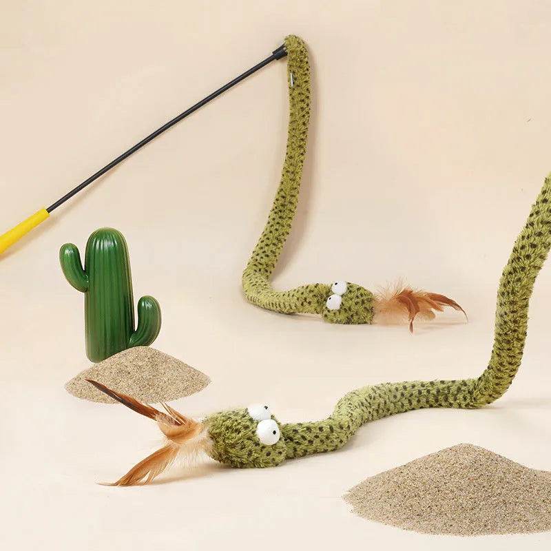 Green cat teasing stick toy with feather attachment on 140cm pole