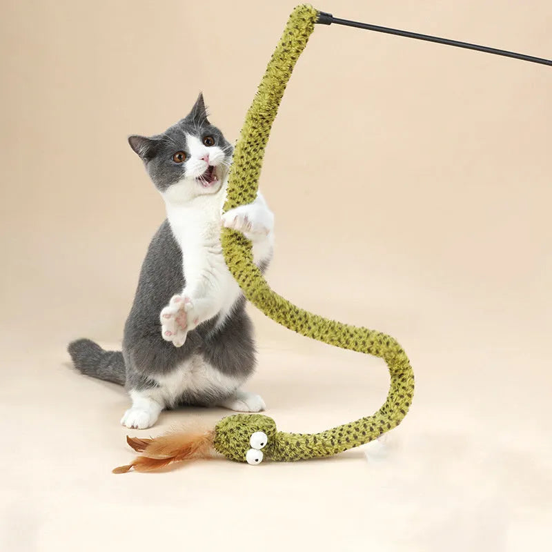 Green cat teasing stick toy with feather attachment on 140cm pole