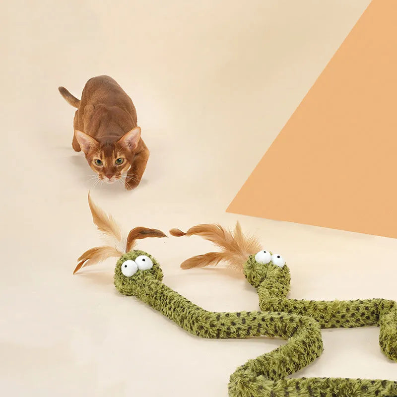 Green cat teasing stick toy with feather attachment on 140cm pole