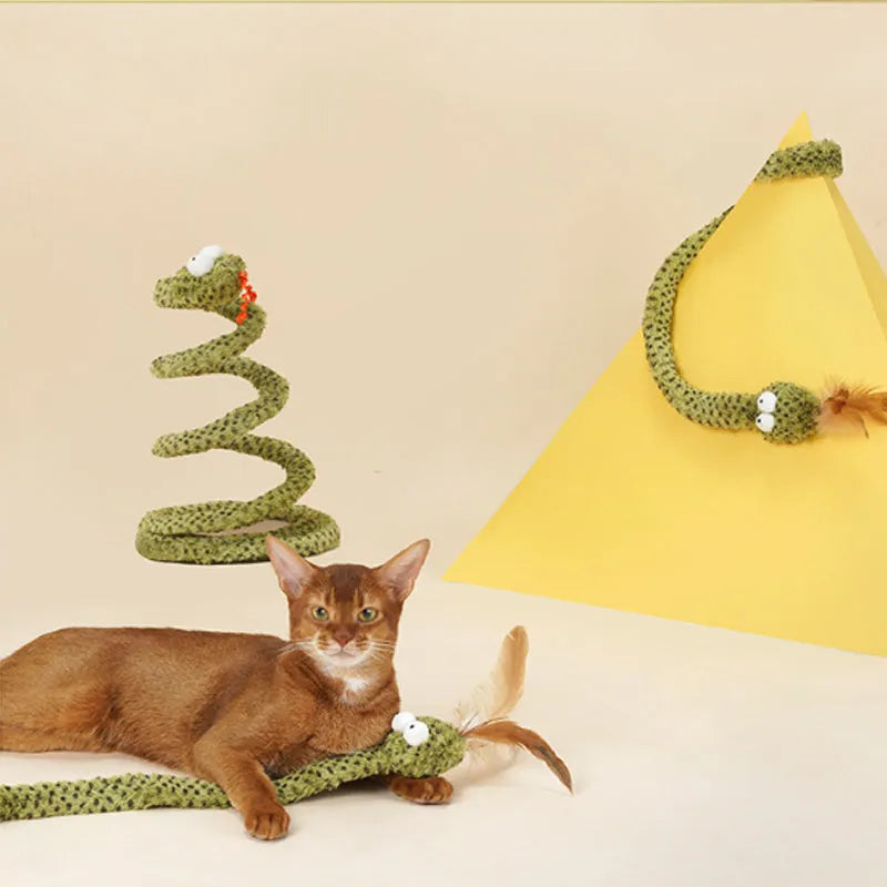 Green cat teasing stick toy with feather attachment on 140cm pole