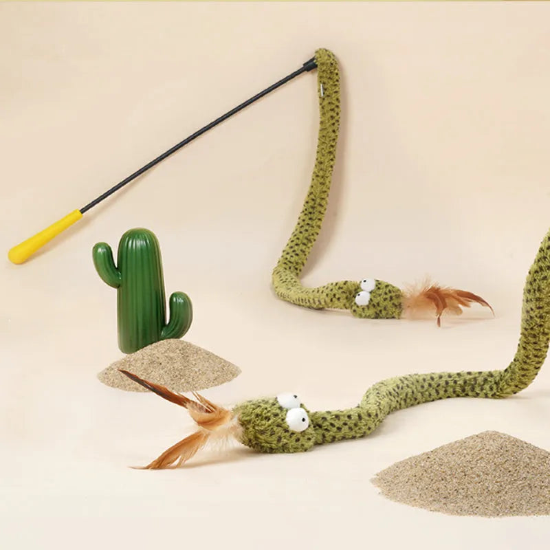Green cat teasing stick toy with feather attachment on 140cm pole