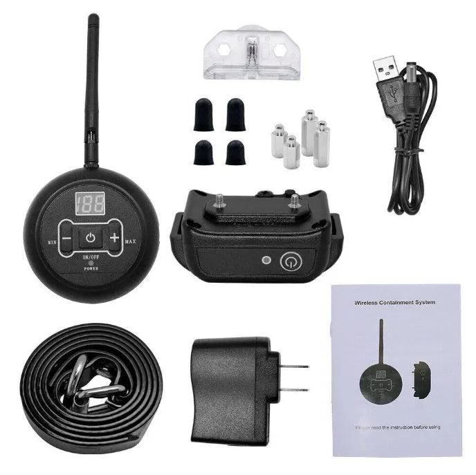 Pet wireless trainer bark stop device with digital display, transmitter 19.5 x 15.5 x 5.5 cm, and waterproof receiver