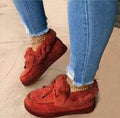 Women's casual cotton velvet shoes with fleece lining in burgundy colour on a rubber sole.