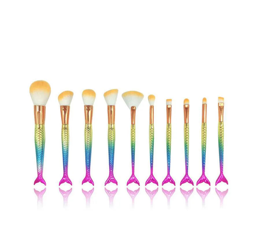 Mermaid makeup brush set of 10 pieces with multicolor nylon bristle brushes for powder eyeshadow
