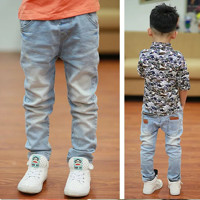 Boys casual denim harem pants with stripe pattern and elasticated waistband