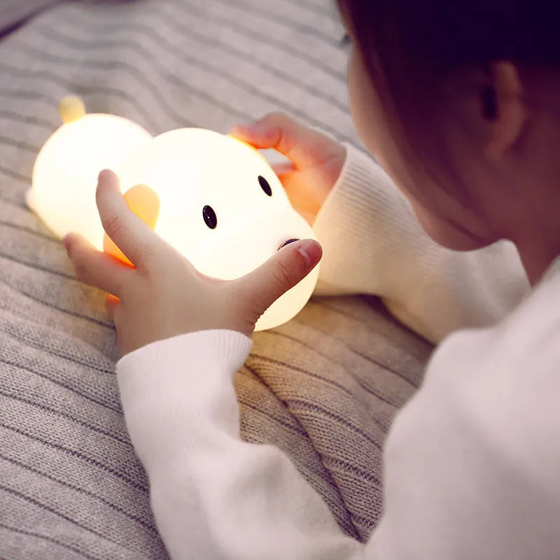 Soft silicone rechargeable night light with animal design and touch-sensitive nose for dimming