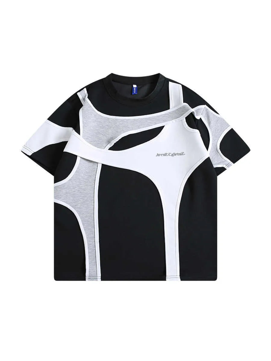 Men's black t-shirt with padded shoulders and double-layer stitching on short sleeves