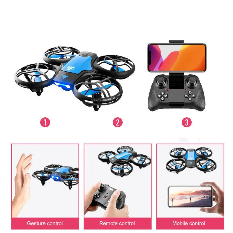 Blue or orange V8 mini remote control drone with propellers, showing compact size under 30cm.