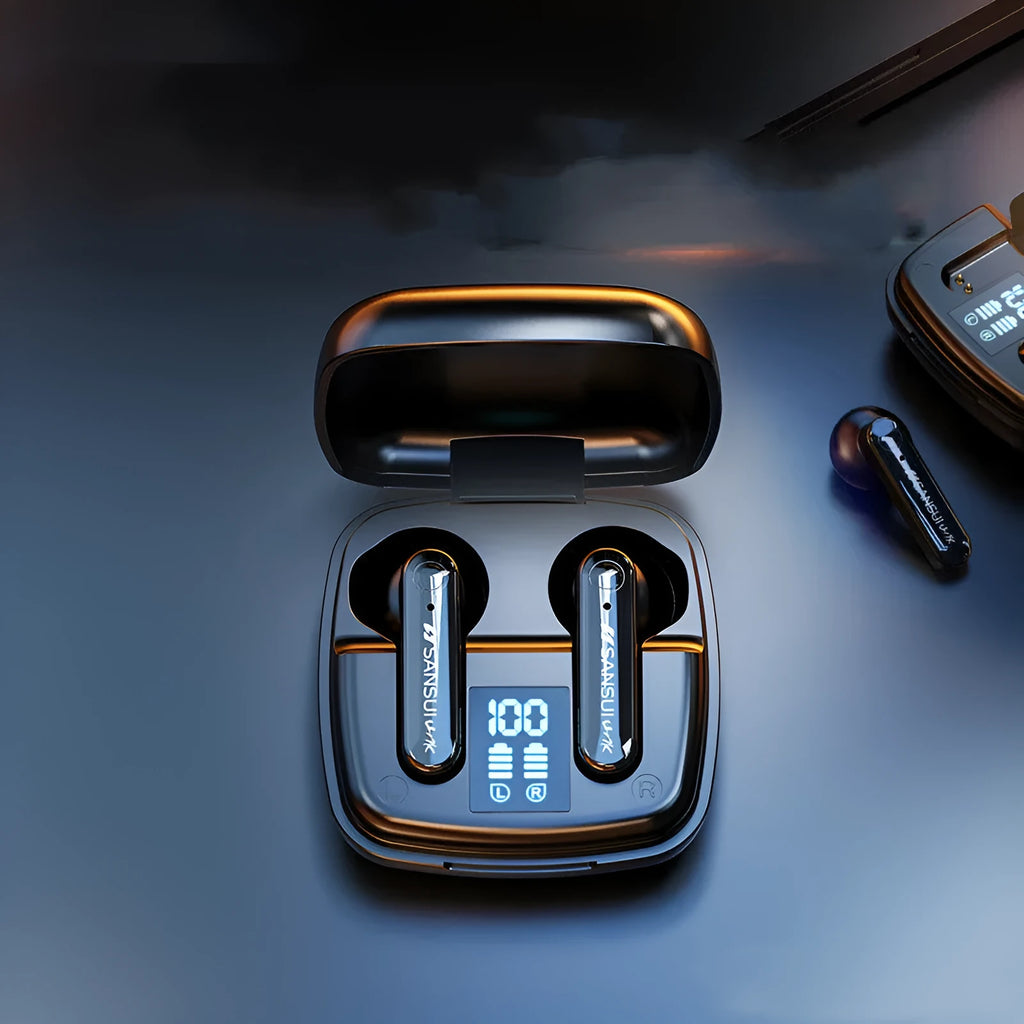 Dark Night Black wireless Bluetooth earphones with digital battery display, semi-in-ear design.