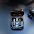Dark Night Black wireless Bluetooth earphones with digital battery display, semi-in-ear design.