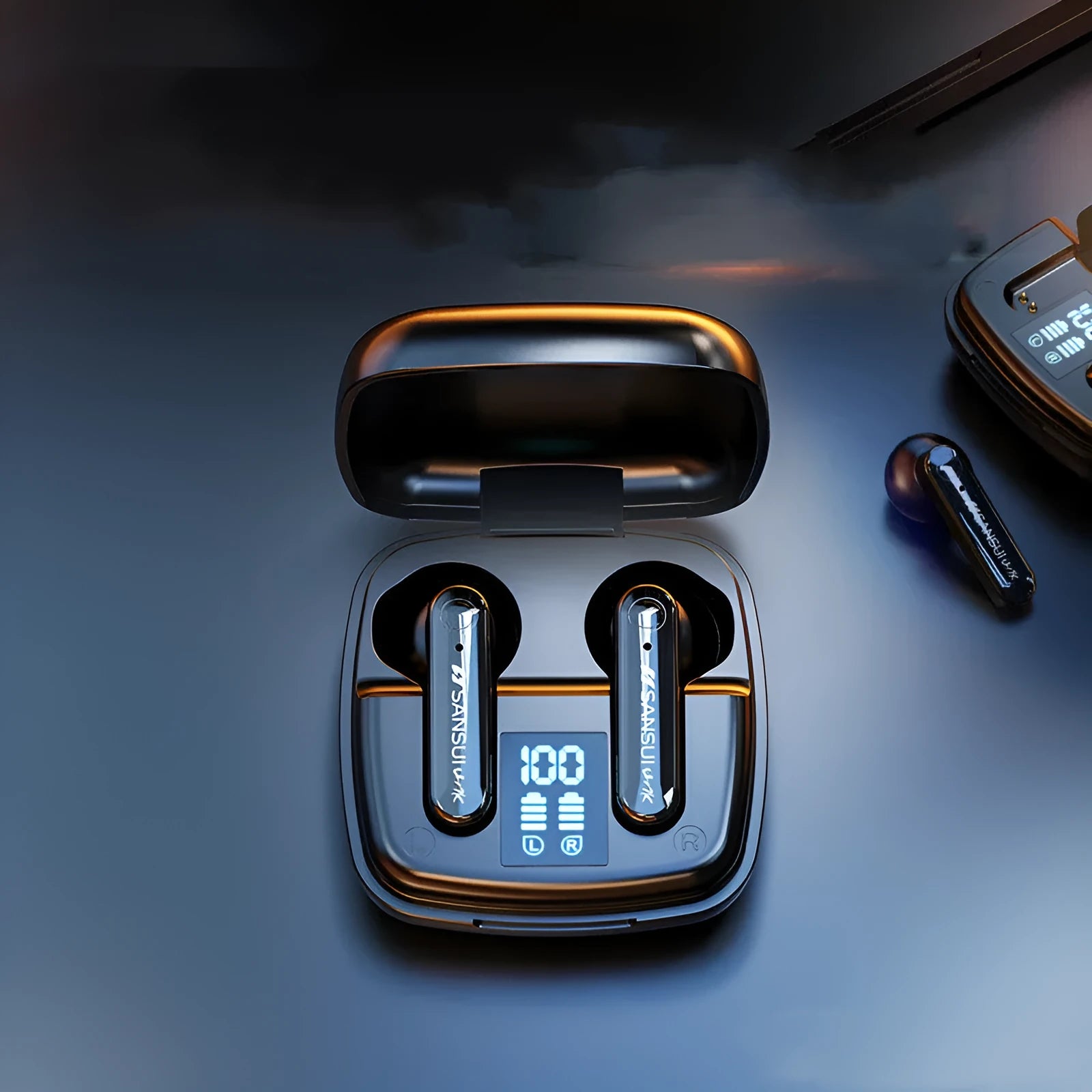 Dark Night Black wireless Bluetooth earphones with digital battery display, semi-in-ear design.
