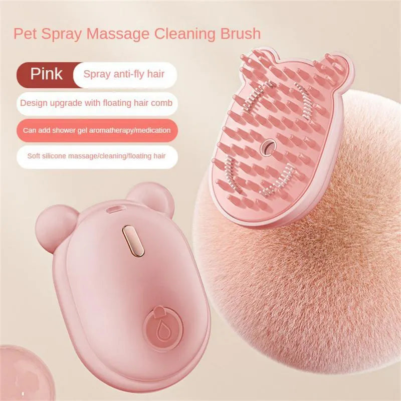 Pink rechargeable pet grooming brush with spray nozzle and removable silicone comb teeth