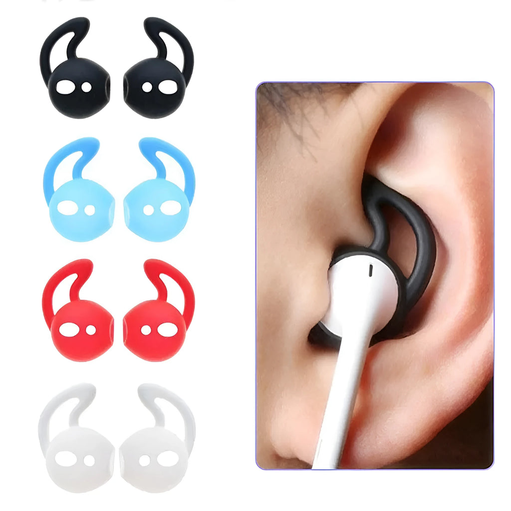 Set of silicone earplug sleeves for Apple AirPods in black, blue, red, transparent, and white colours.