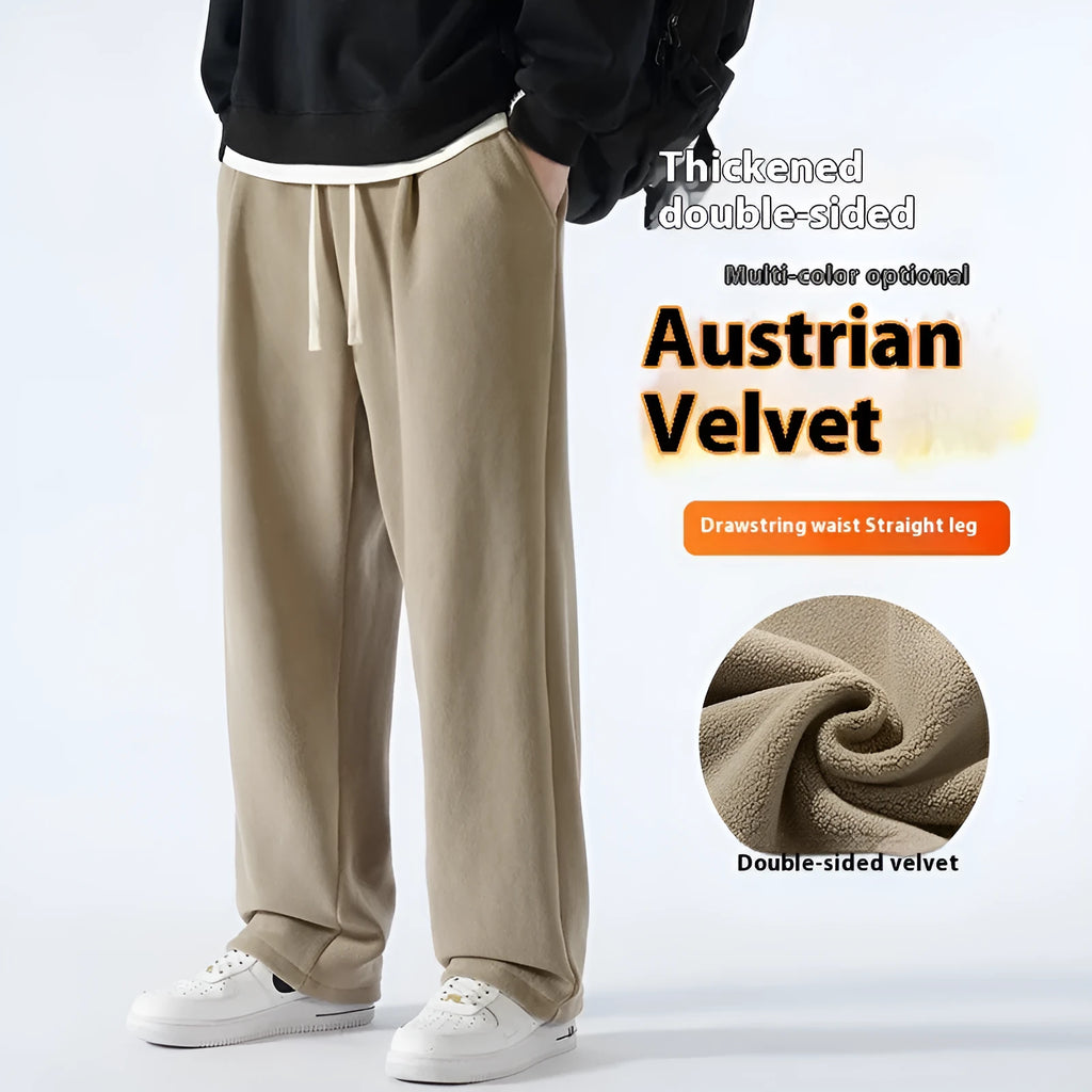 Men's double-sided polar fleece-lined winter sports trousers in Korean-style loose fit with drawstring waist
