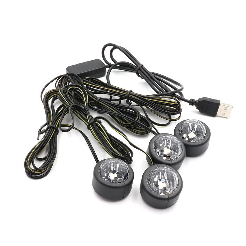 Car LED foot sole atmosphere light in colourful loop mode showing red, green, blue, purple, white, ice blue, and yellow