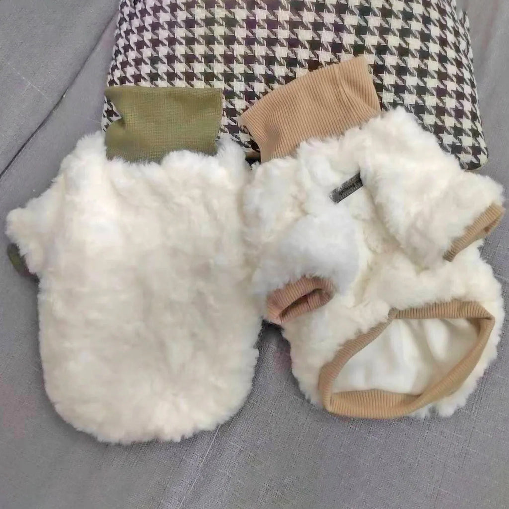 Creamy green turtleneck dog winter coat with thick plush padding on mannequin