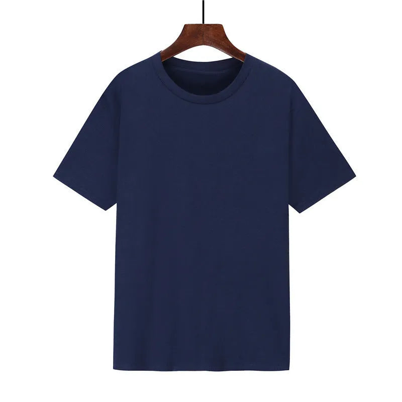 A man's loose-fitting black cotton T-shirt with short sleeves, laid flat.
