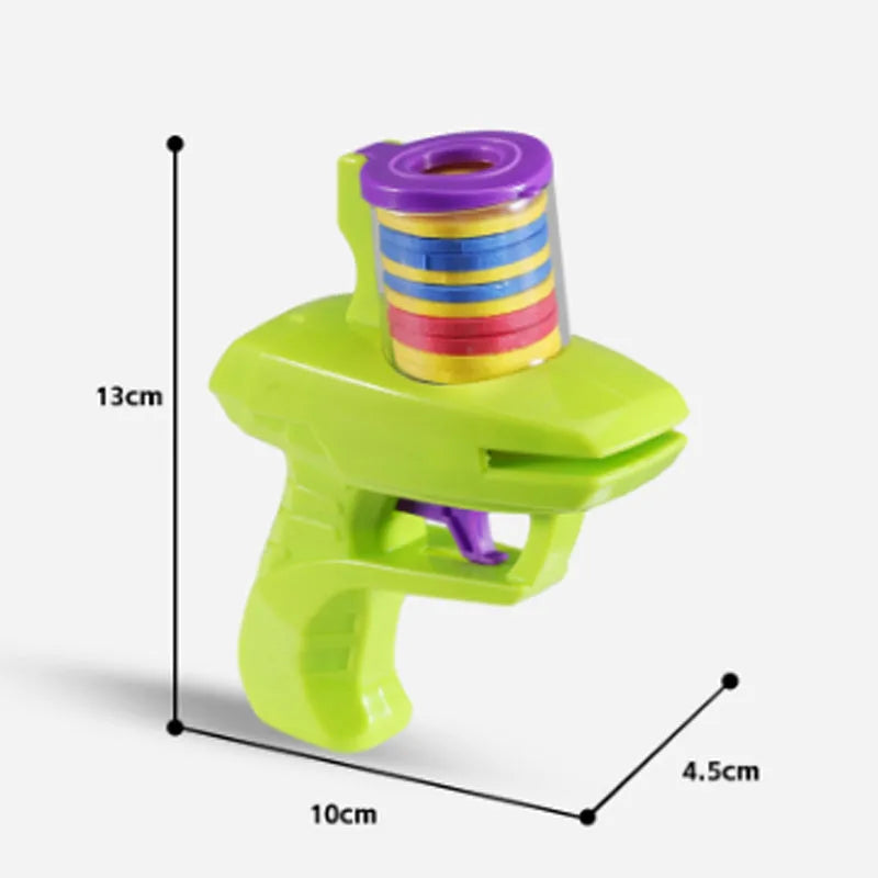 Green battery-free cat toy launcher with foam disc for indoor feline play