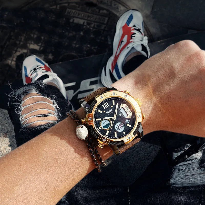 Men's 48mm luminous quartz watch with leather strap, stainless steel case, and mineral glass dial