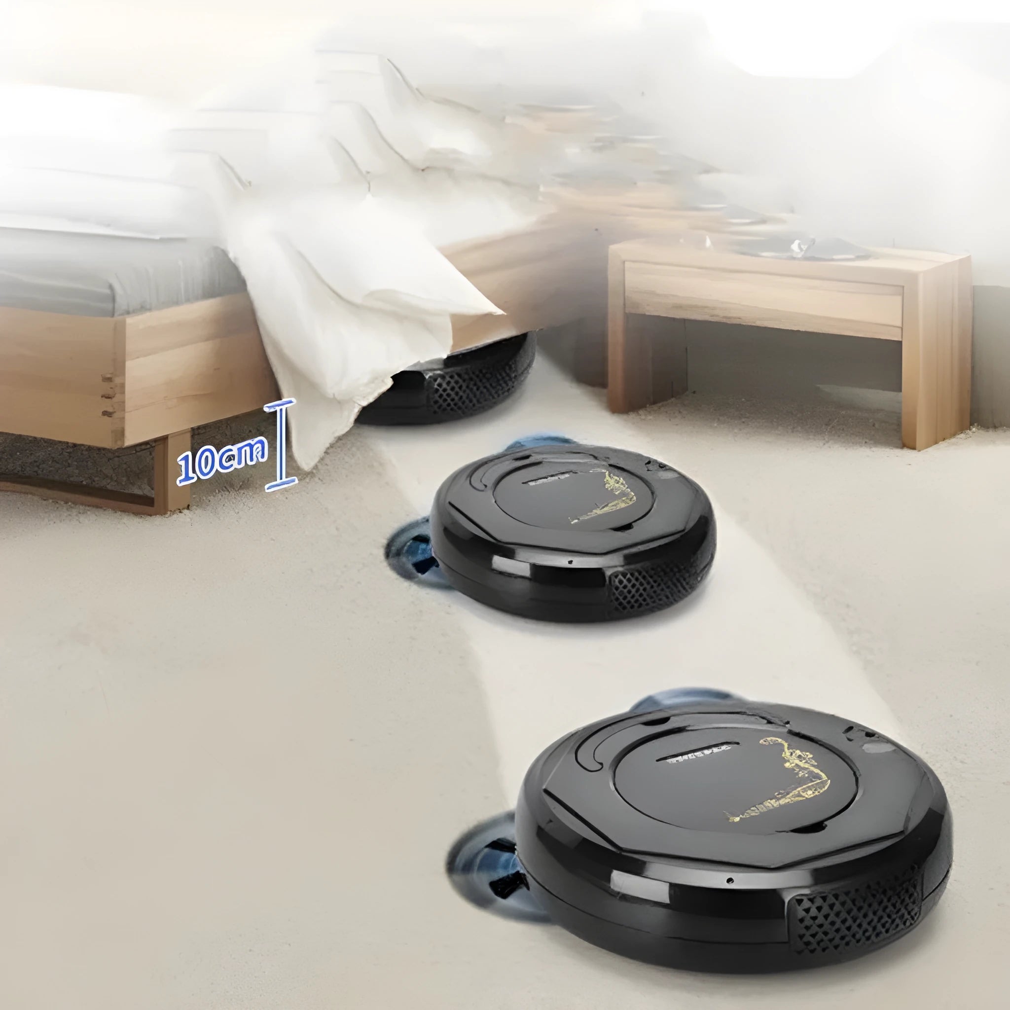Lazy Smart floor sweeping robot vacuum cleaner in blue, black, or white on a hard floor.