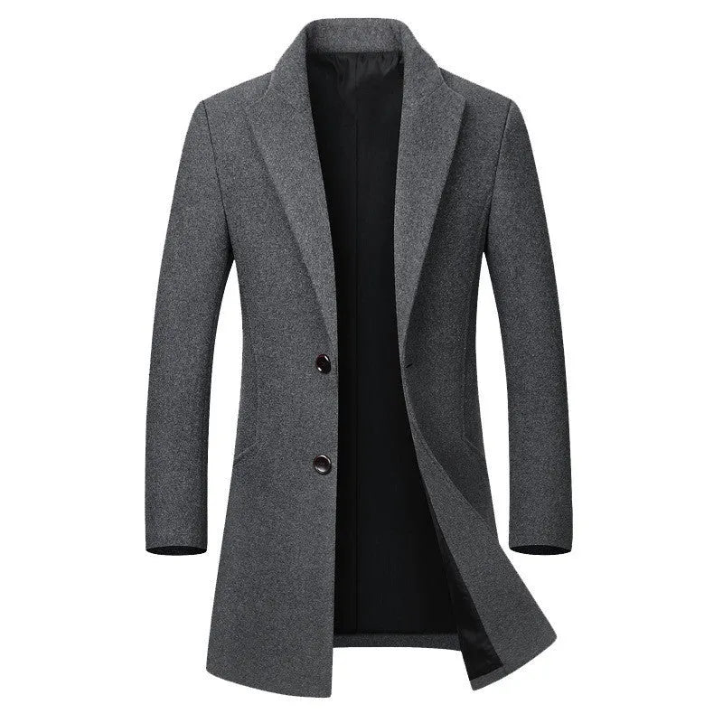 Men's long woolen trench coat in 825 Navy with notched lapel, single-breasted front, long sleeves, size M to 5XL