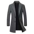 Men's long woolen trench coat in 825 Navy with notched lapel, single-breasted front, long sleeves, size M to 5XL