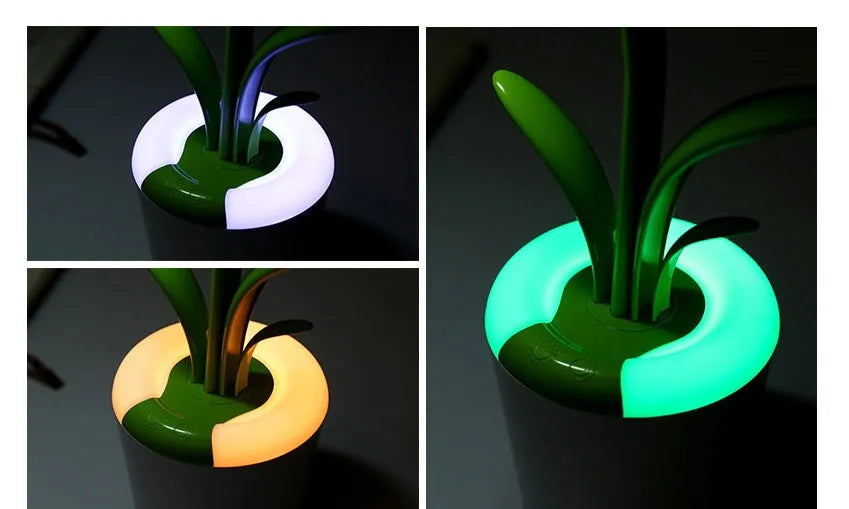 Modern rechargeable desk lamp with plant shape design in pink, showing touch control on a wooden end table