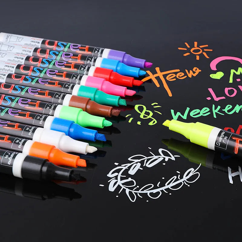 Set of electronic fluorescent board highlighter pens with plastic shells in multiple colours on a retail card.