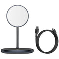 Swan black magnetic desktop wireless charging stand for iPhone 12 with included Type-C cable.