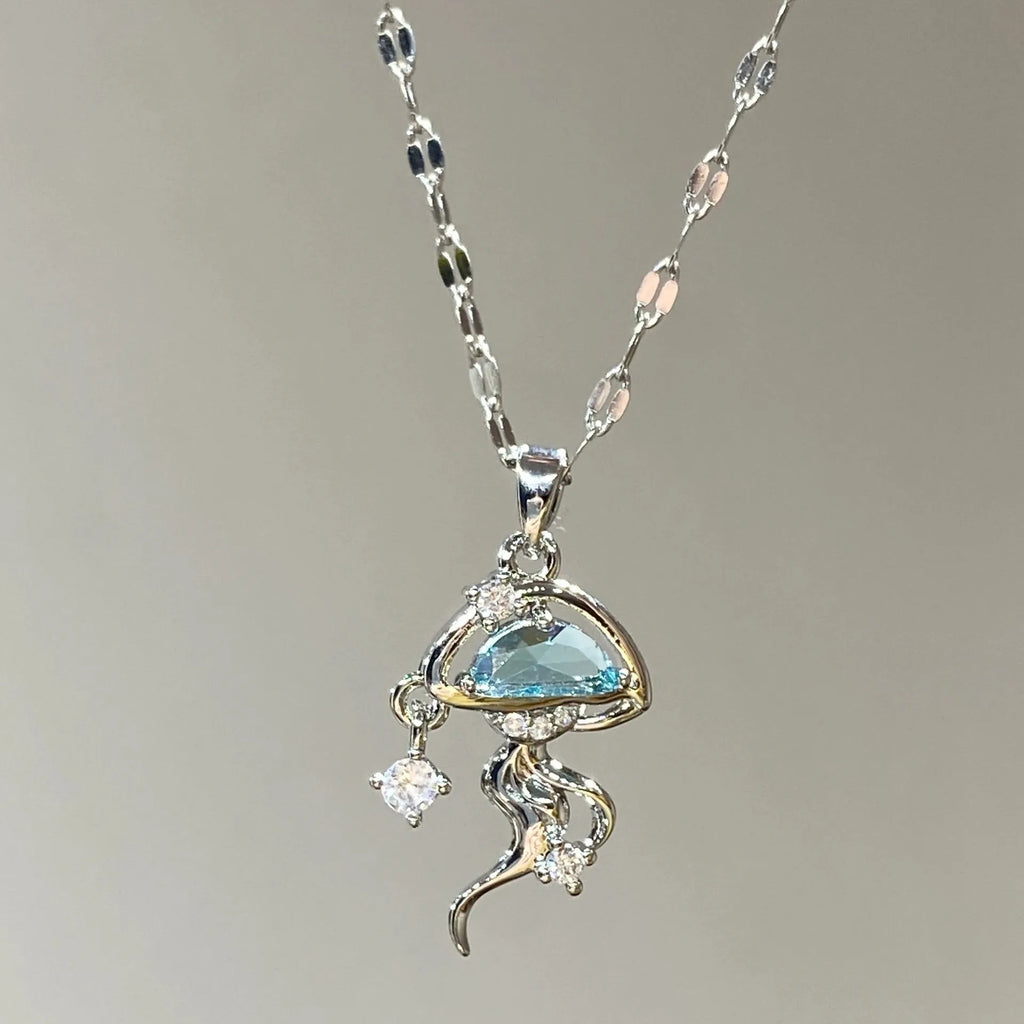 Sterling silver blue jellyfish necklace with white gold finish on adjustable chain