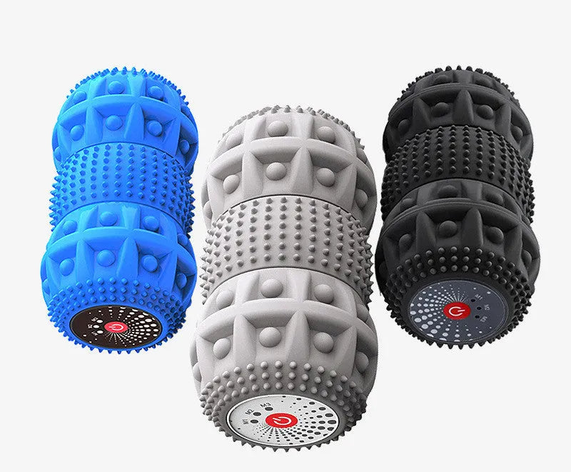 Electric vibrating peanut massage ball in blue-black-grey eco-friendly silicone on a white background