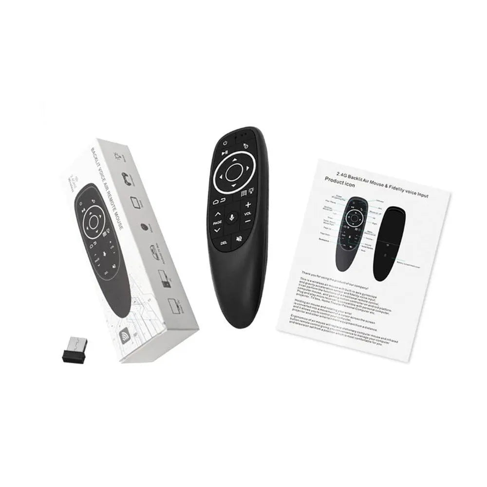 G10S Pro intelligent wireless remote control with silicone buttons, showing backlight and gyroscope for air mouse control.
