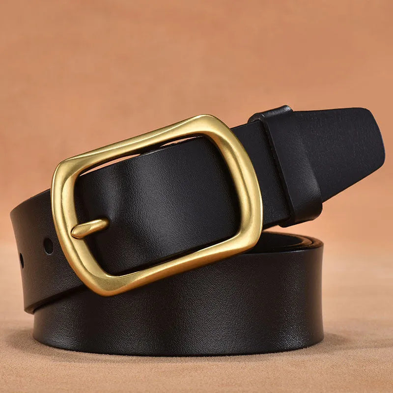 Top layer cowhide belt with alloy oval pin buckle, black, 2-4cm width, single belt loop