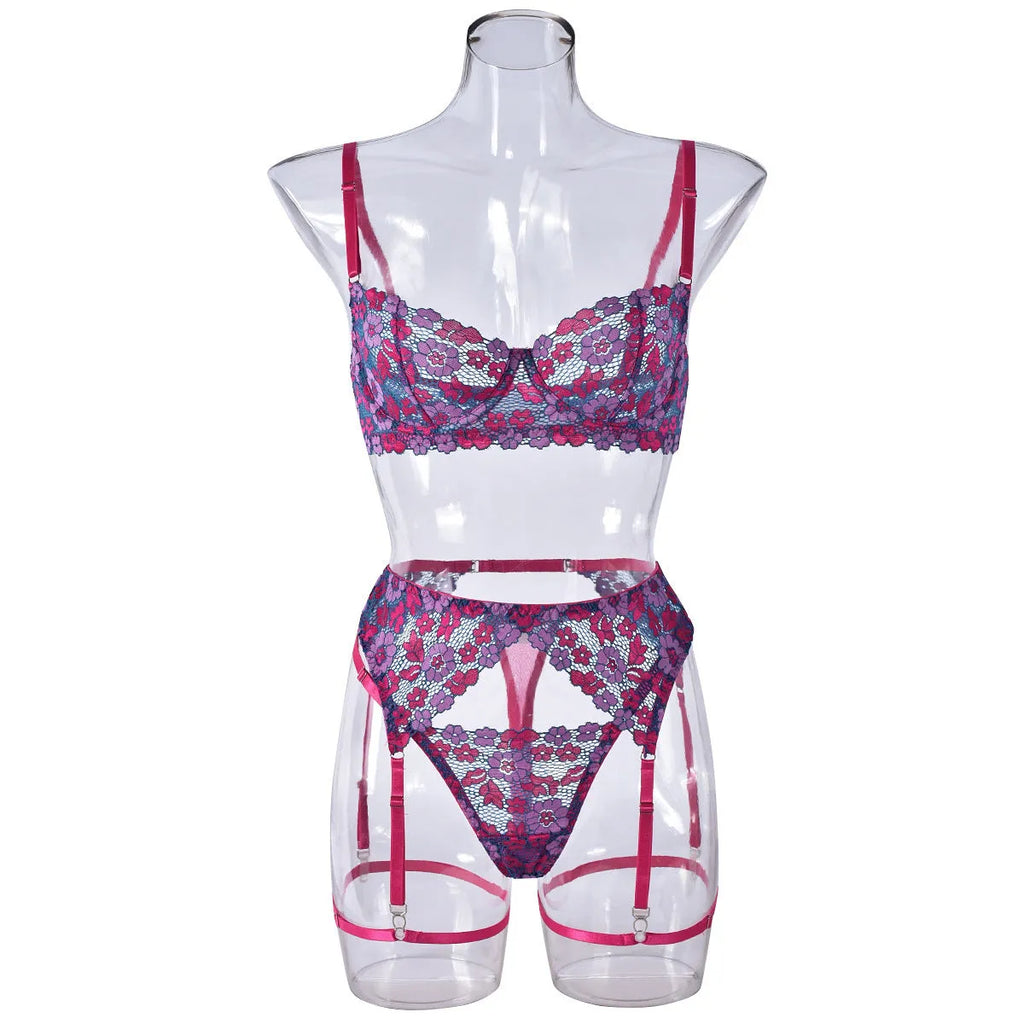 Rose red women's embroidered bikini set with contrast colour details on polyester fabric