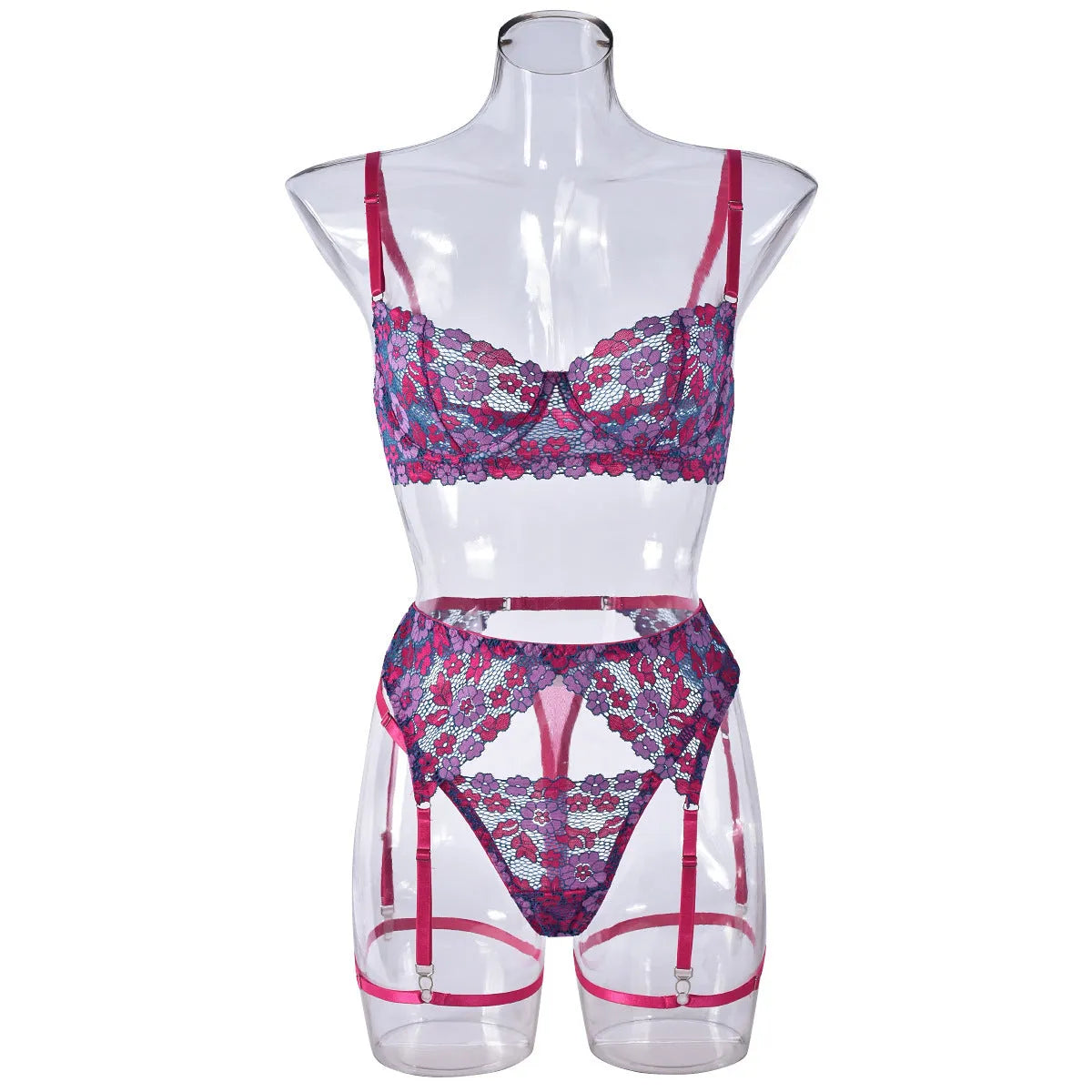 Rose red women's embroidered bikini set with contrast colour details on polyester fabric