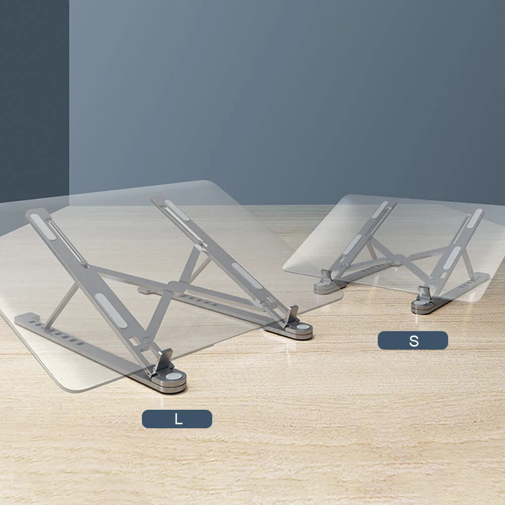 Aluminium foldable laptop stand in silver colour, shown open at an angle and folded flat.
