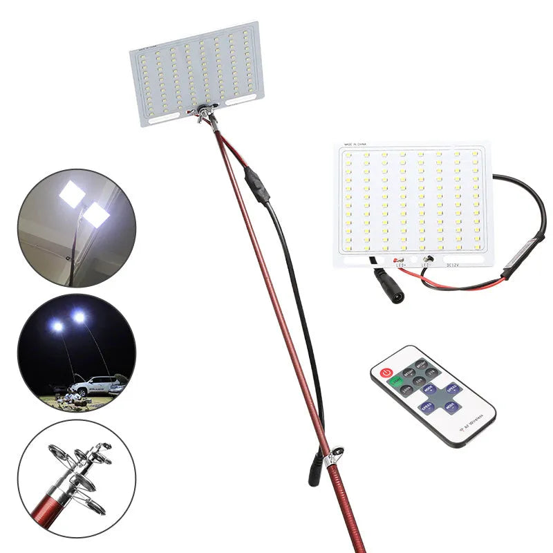 White LED fishing rod light with telescopic extension pole and remote control for outdoor use