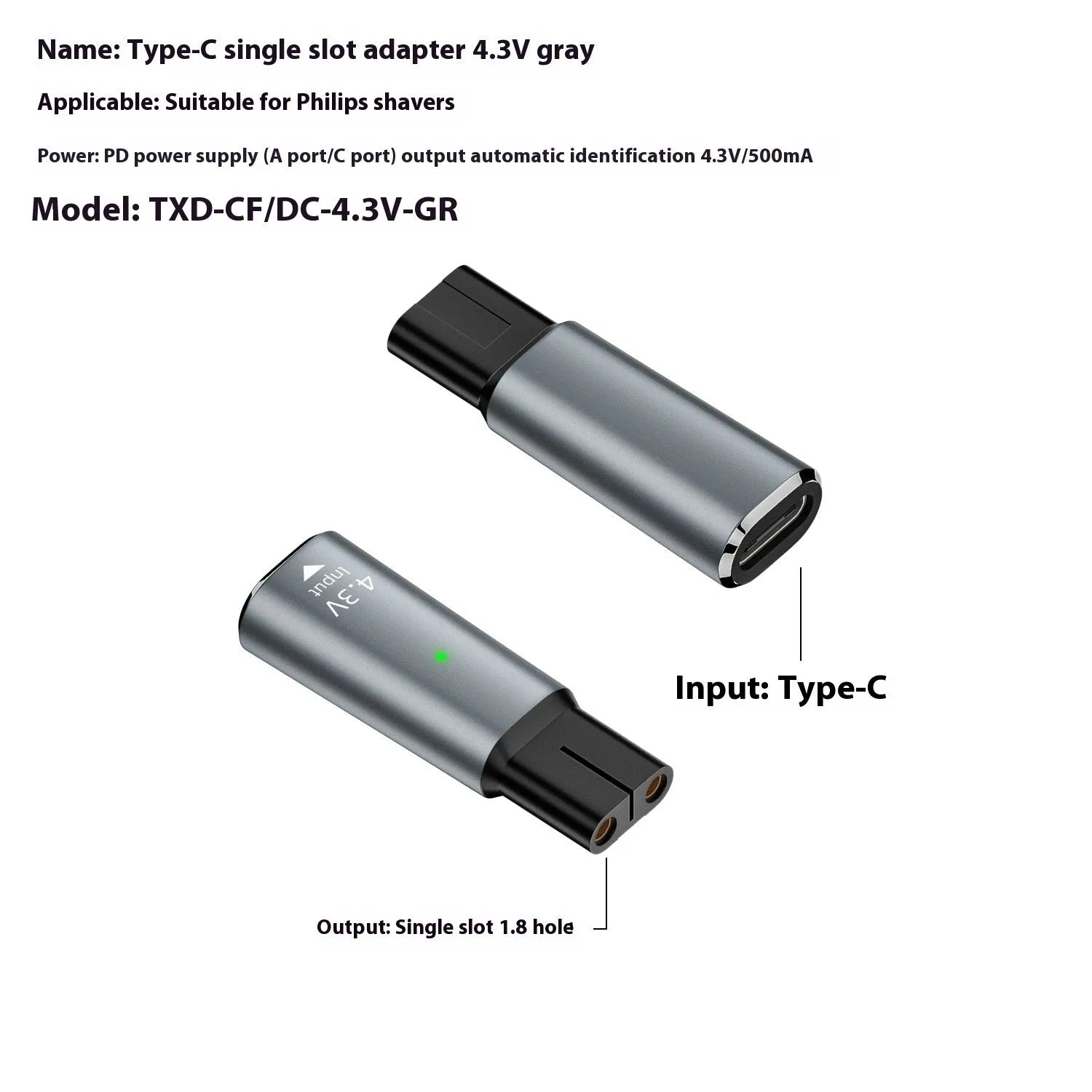 USB-C charging adapter for electric shavers with aluminium alloy casing in black or grey