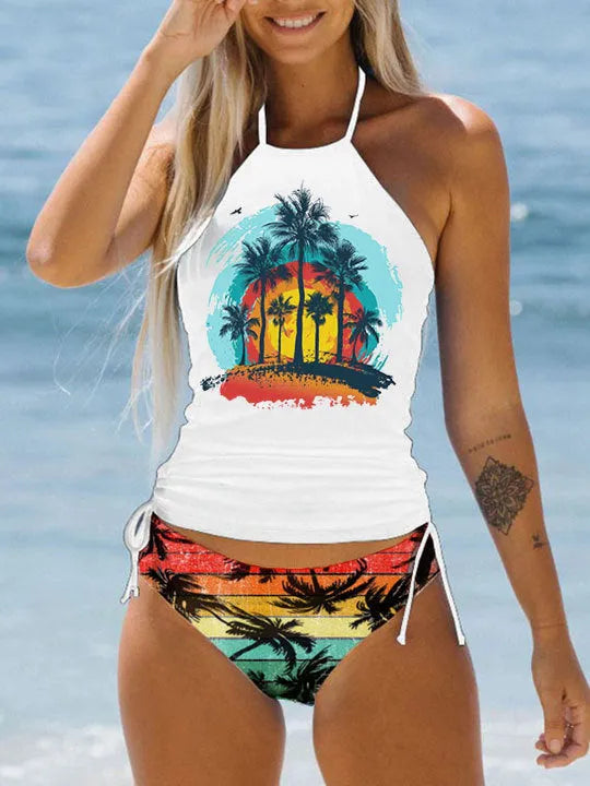 Conservative printed bikini swimsuit for women with colourful pattern and split design