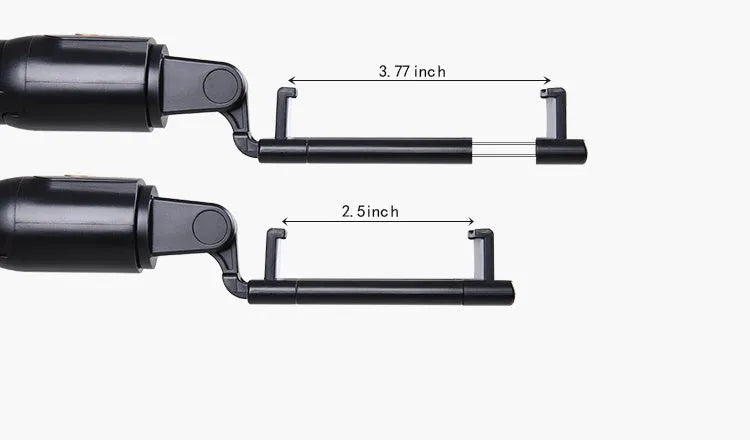 Bluetooth selfie stick tripod folded and extended on white background, black colour, plastic construction
